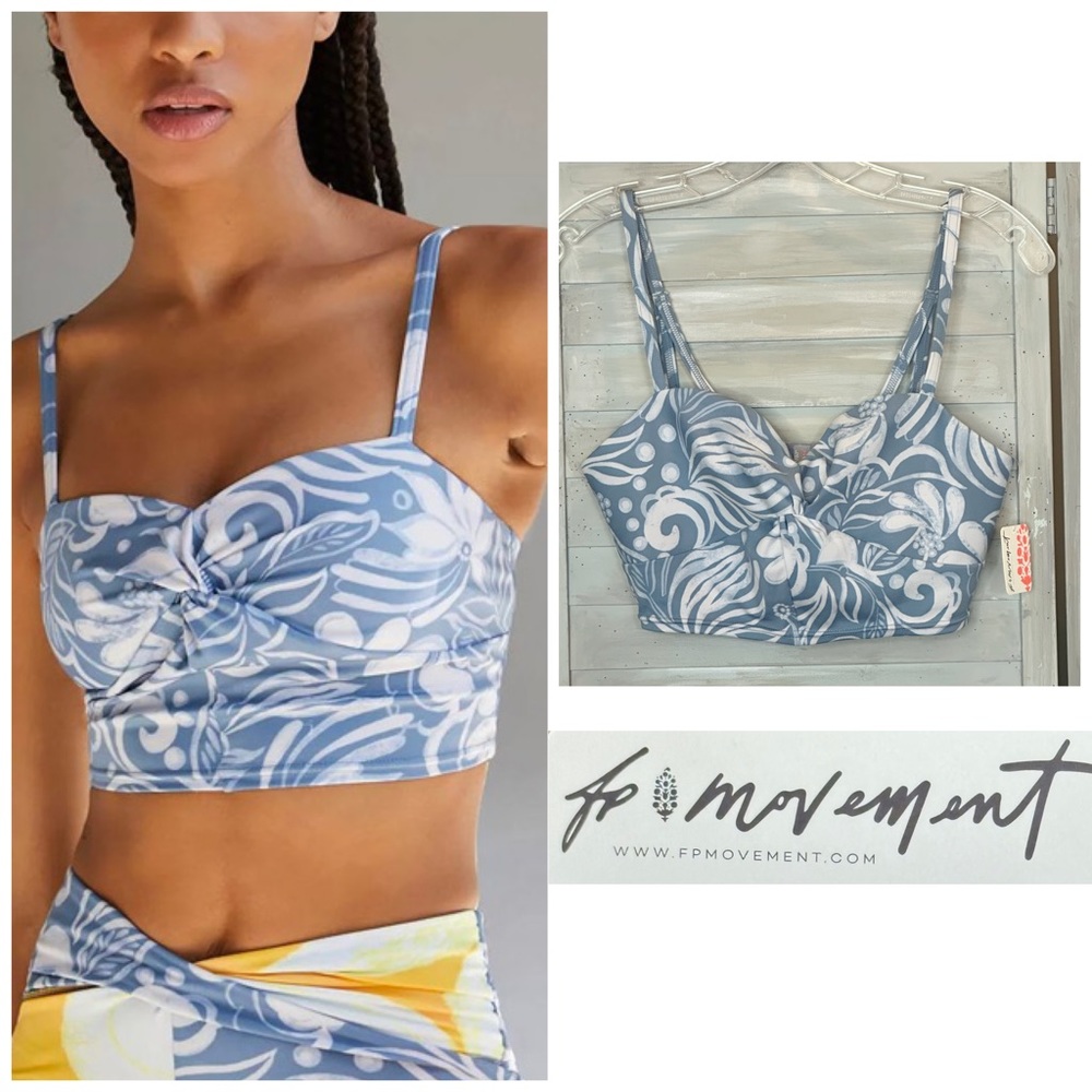 Free People Movement Double Take Crop Camisole blue Novelty floral print M NEW